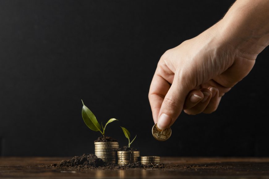 Hand Adding Coins Stack Covered Dirt Plants